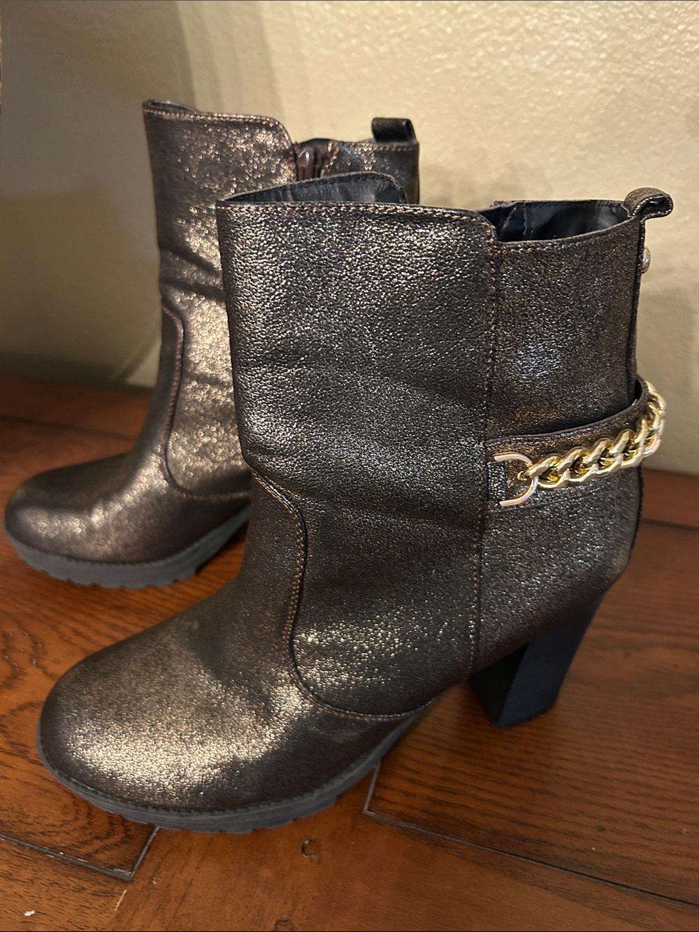 Guess Metallic Bronze Ankle Boots with Gold Chain